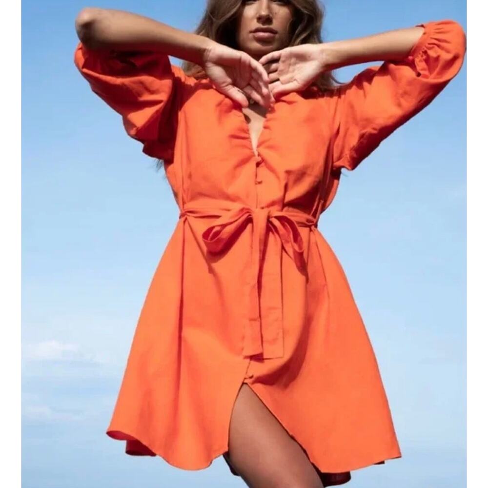 The Lullaby Club NWT‎ Hollie Linen Cotton Coral Orange Belted Shirt Dress S/M